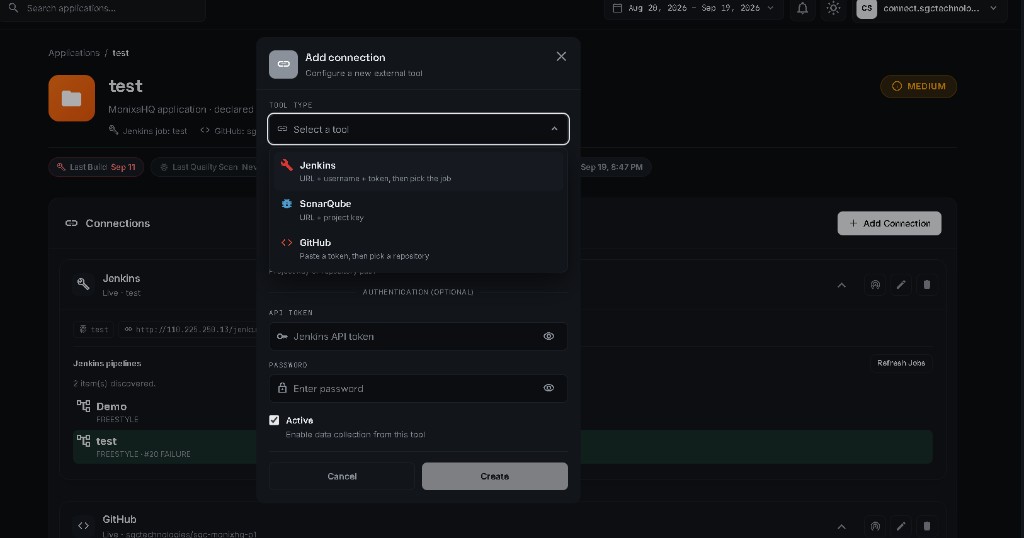 MonixaHQ add connection for Jenkins, SonarQube, or GitHub