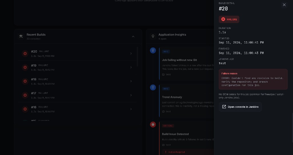 MonixaHQ build detail for a failed Jenkins job