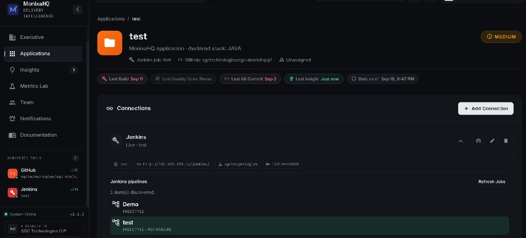 MonixaHQ application connections for Jenkins and GitHub