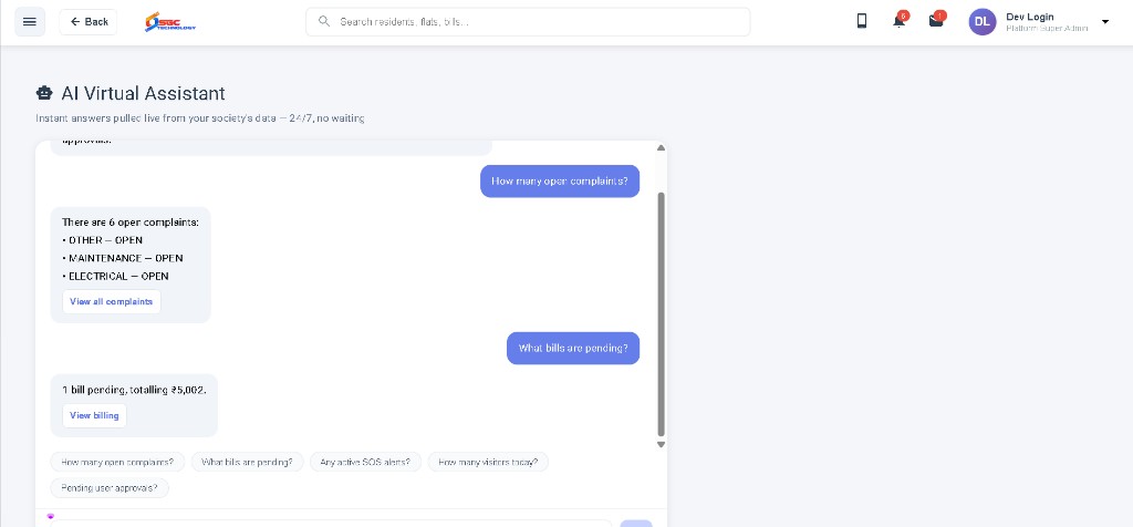 Society App AI virtual assistant answering billing and complaint questions