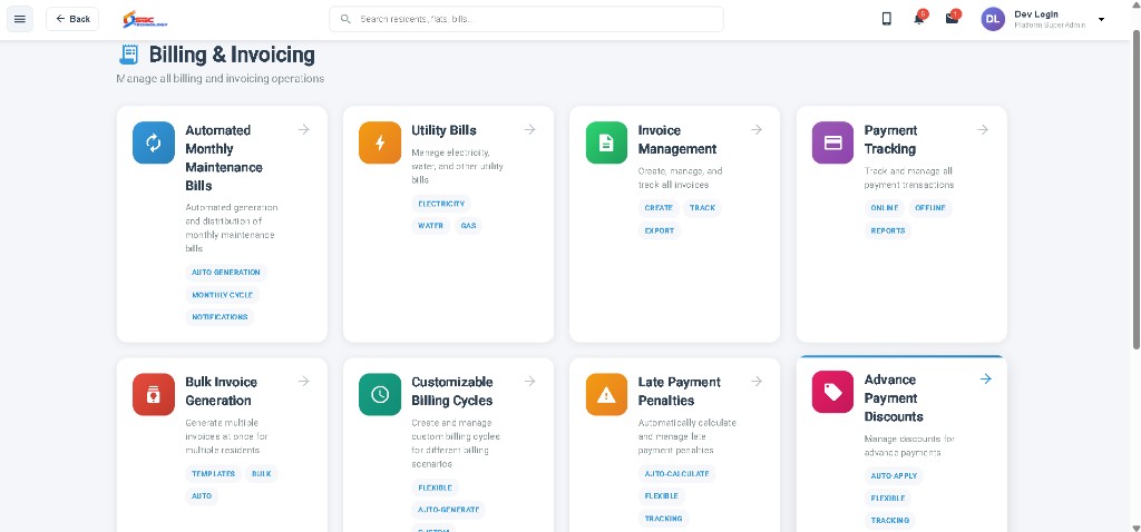 Society App billing and invoicing including maintenance bills and payment tracking