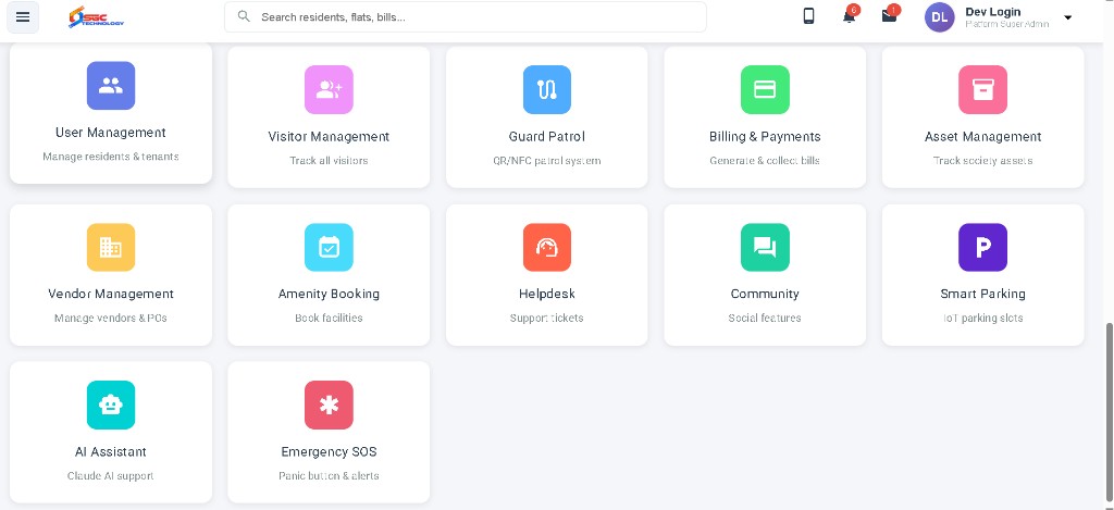 Society App admin dashboard with modules for users, visitors, billing, parking, and more