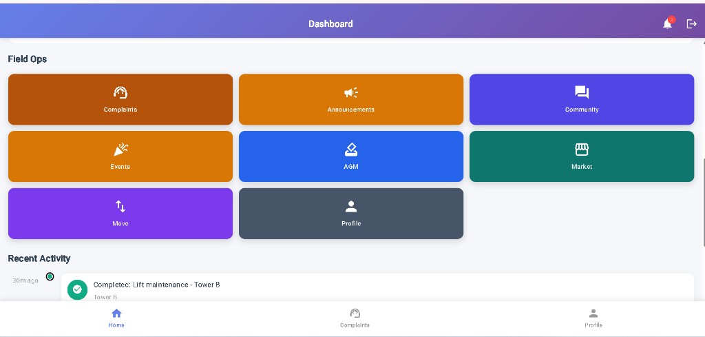 Society App mobile dashboard for residents