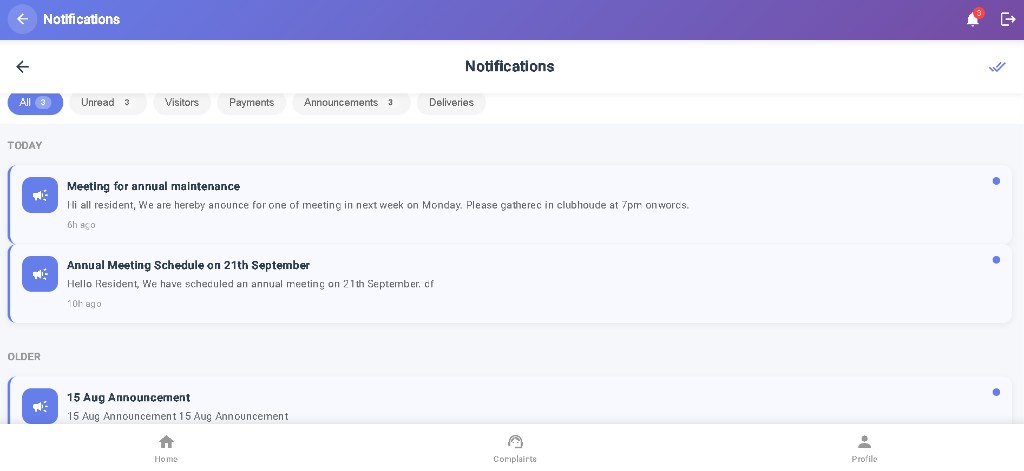 Society App mobile notifications for announcements and visitors
