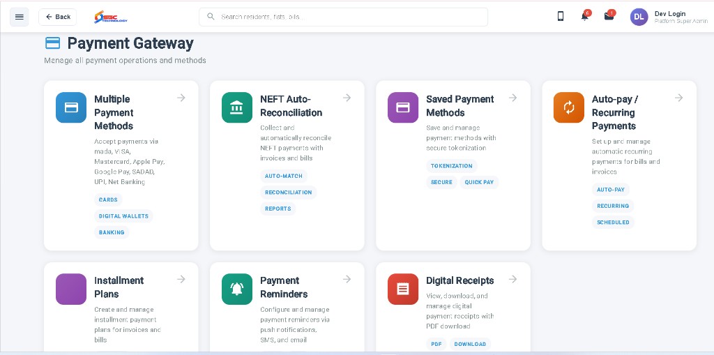 Society App payment gateway with NEFT reconciliation and auto-pay
