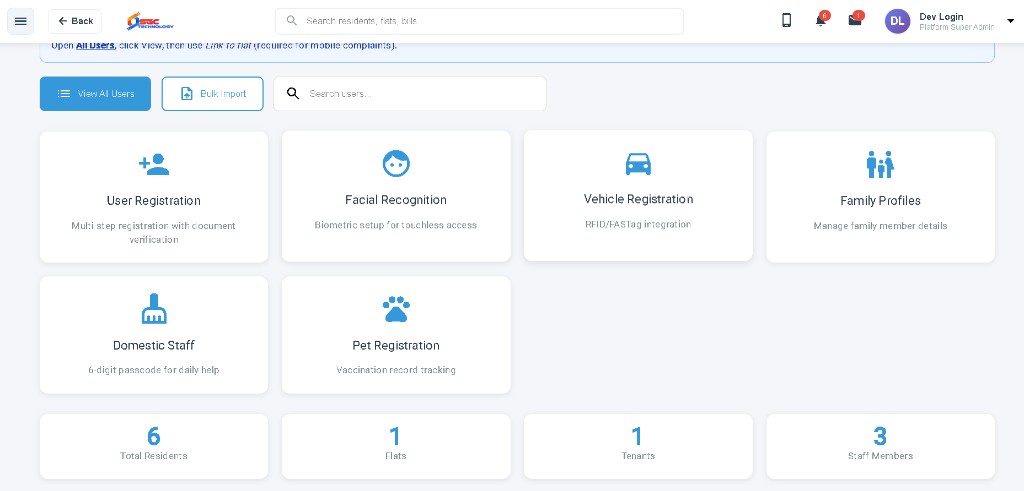 Society App user management with registration, facial recognition, and family profiles