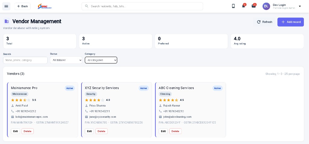 Society App vendor management with ratings and vendor records